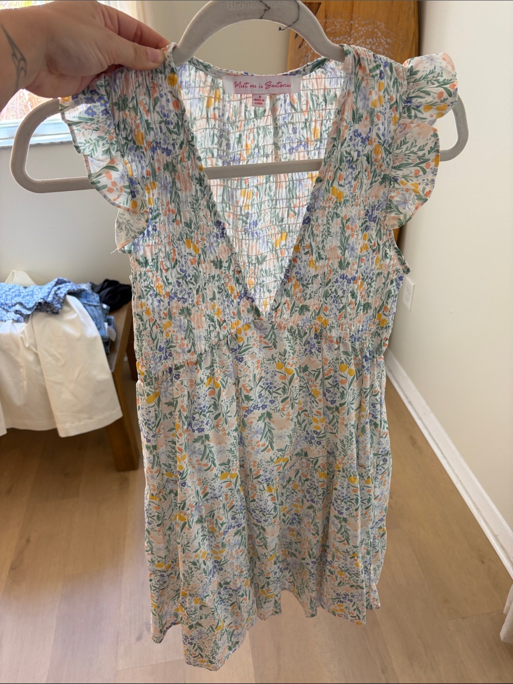 Floral V-Neck Smocked Midi Dress in White, Yellow & Green